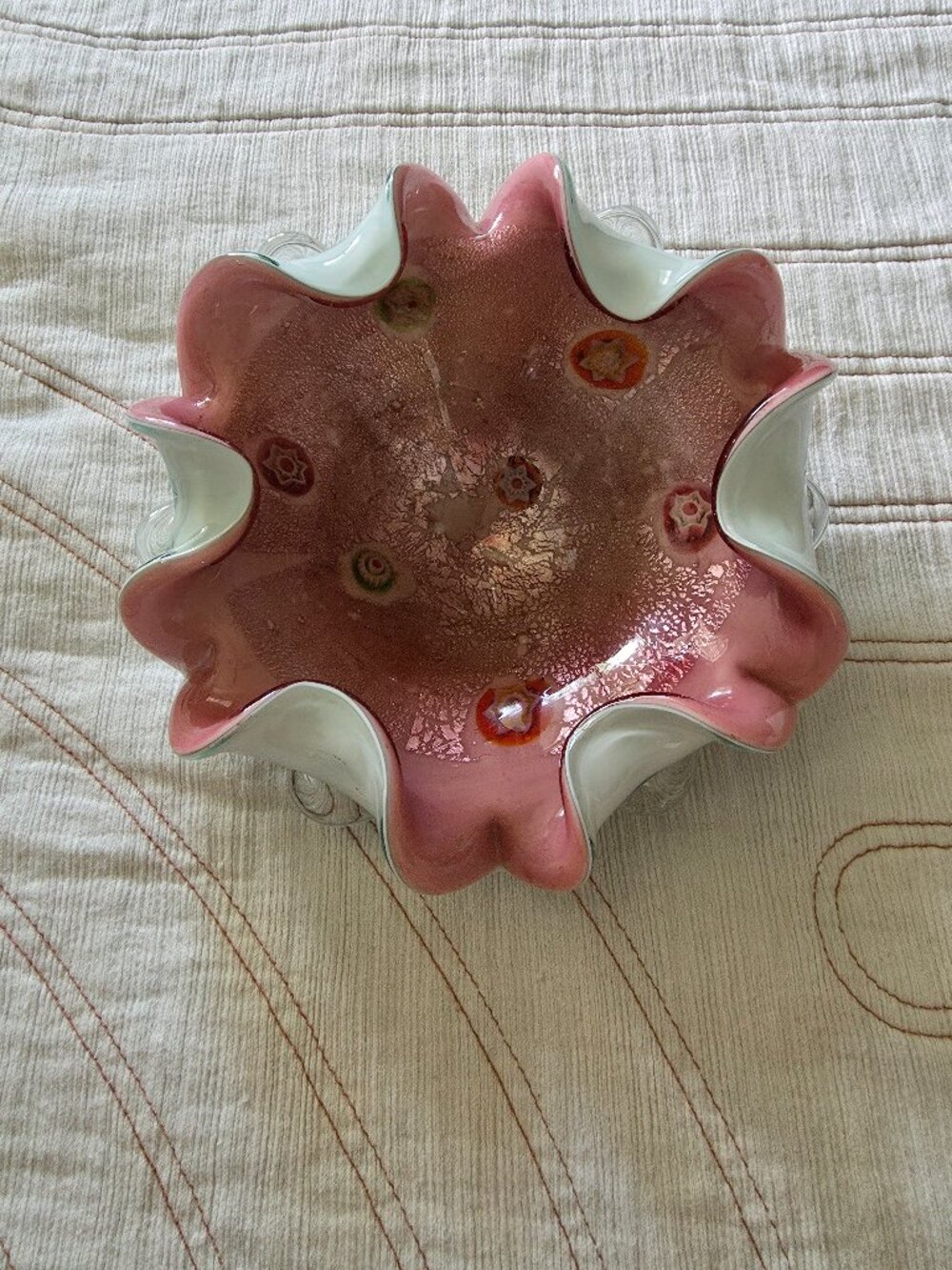 Beautiful Vintage Murano Millefiori Art Glass Ruffled Bowl by Fratelli Toso